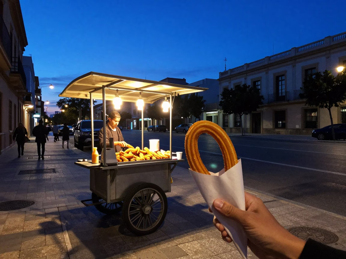 Valencia Spain Twilight Street Scene with Churros and Chocolate in in Valencia, Spain