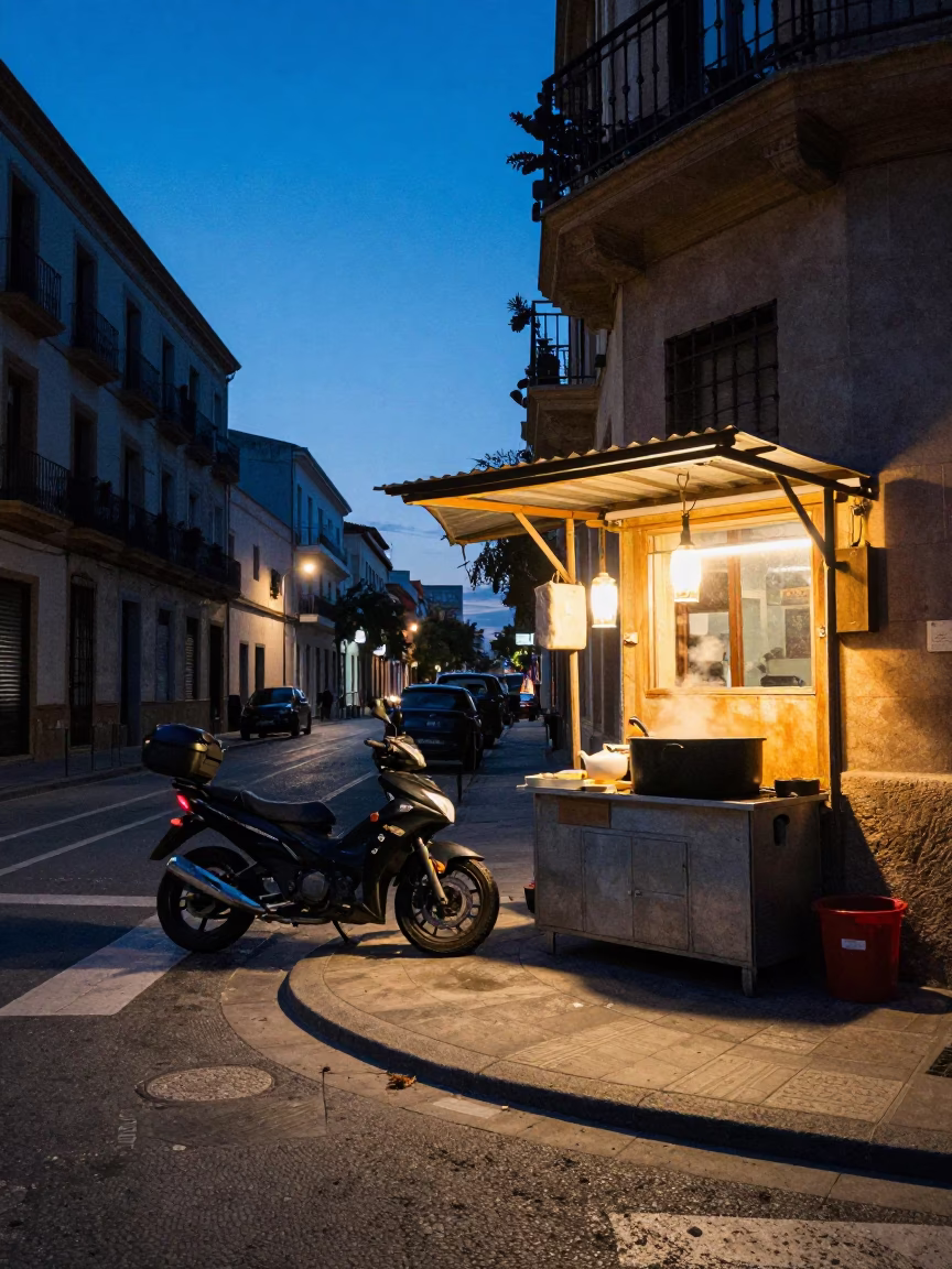 Valencia Spain Twilight Street Scene with Motorcycle and Cooking Pot in in Valencia, Spain