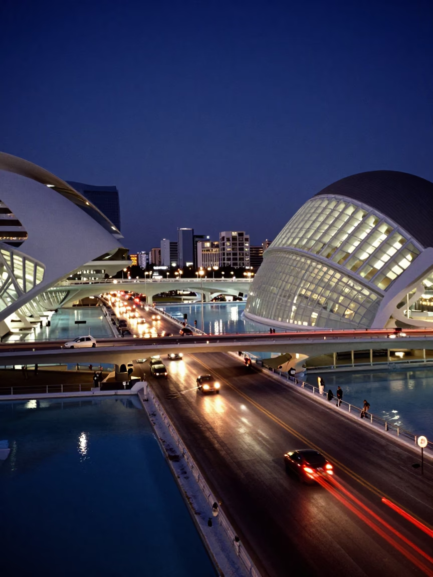 Valencia Spain Twilight Street Scene with Overpass Interchange and Urban Taillight Streaks in in Valencia, Spain