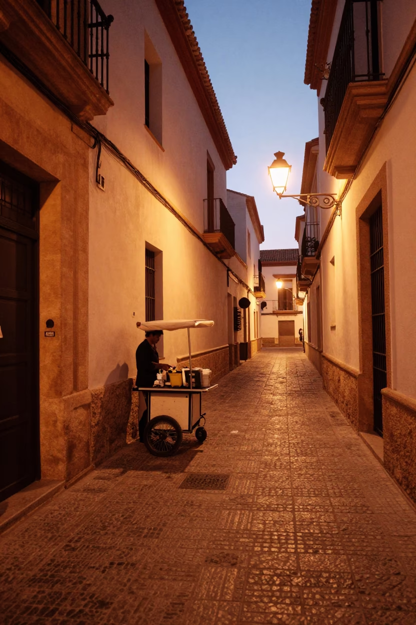 Valencia Street Scene at Copper-toned Light Before Dusk in in Valencia, Spain