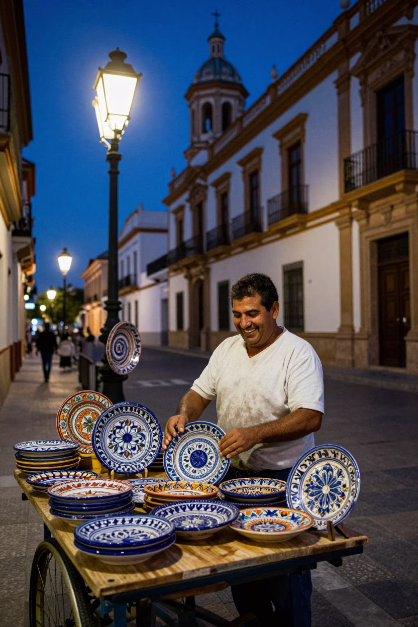 Valencia street vendor with majolica plates under blue hour streetlights in in Valencia, Spain