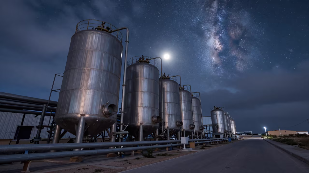 Valencia Sugar Refinery Milky Way Night in along a service road lined with pipes in Valencia