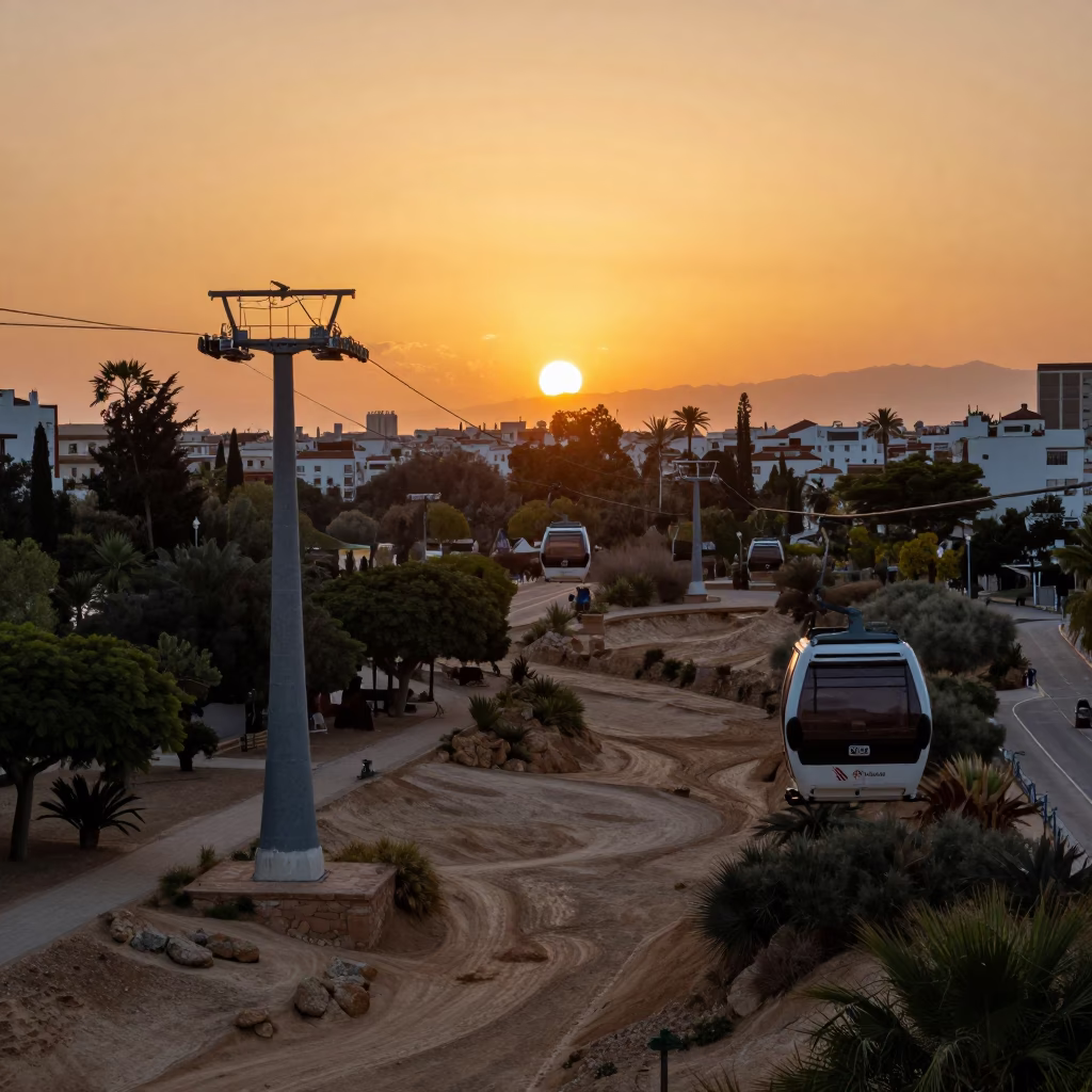 Valencia Sunset Over Turia Gardens with Cable Car and City Skyline in in Valencia, Spain