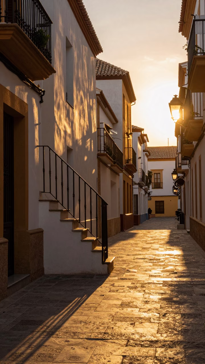 Valencia Sunset Street Scene with Stair Rail and Local Architecture in in Valencia, Spain