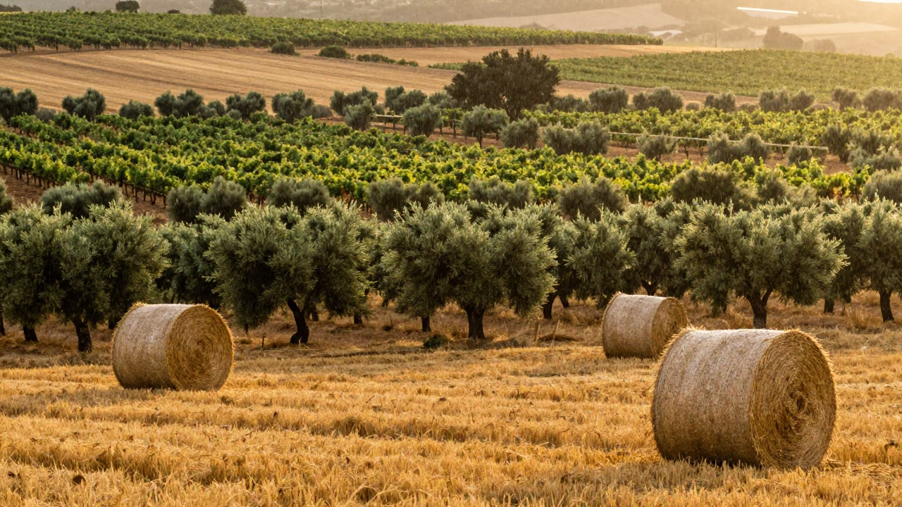 Valencia Vineyards and Olive Groves in Evening Rain in beside stacked hay bales in Valencia