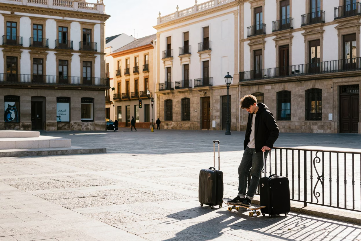 Valencia Winter Noon Street Scene with Skateboard and Suitcases in in Valencia, Spain