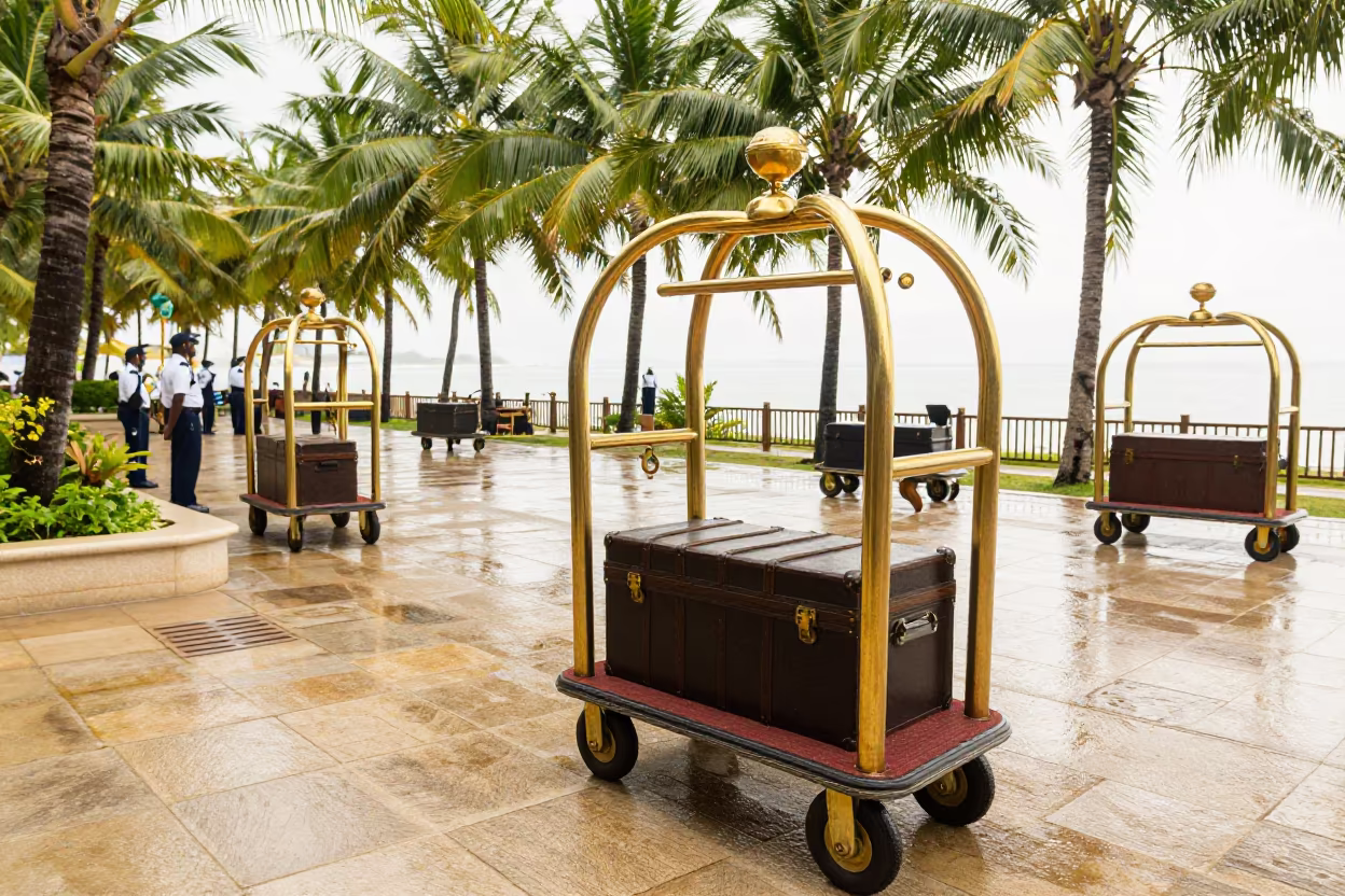 Valet Battery Tray at Salvador Porte Cochere in at a porte cochere with brass luggage carts waiting in Salvador
