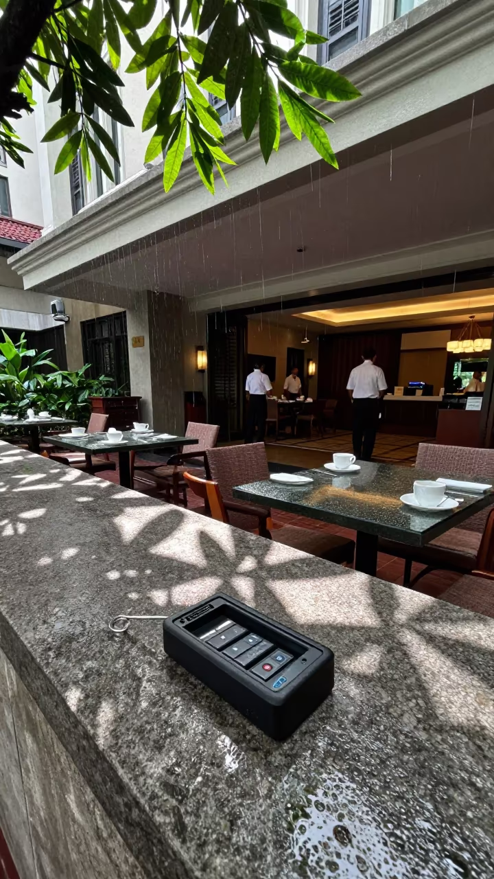 Valet Key Battery Tray Monsoon Jakarta in at a curbside valet stand outside a hotel entrance in Glodok, Jakarta