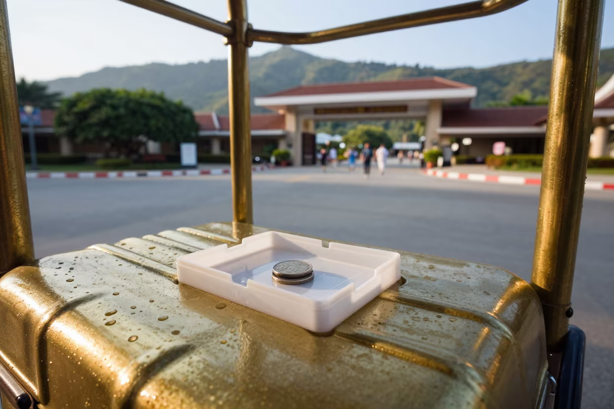 Valet Key Battery Tray in Phuket Resort in at a porte cochere with brass luggage carts waiting in Phuket