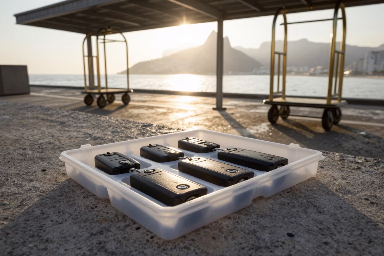 Valet Key Battery Tray Urca Rio Afternoon Light in at a porte cochere with brass luggage carts waiting in Urca, Rio de Janeiro