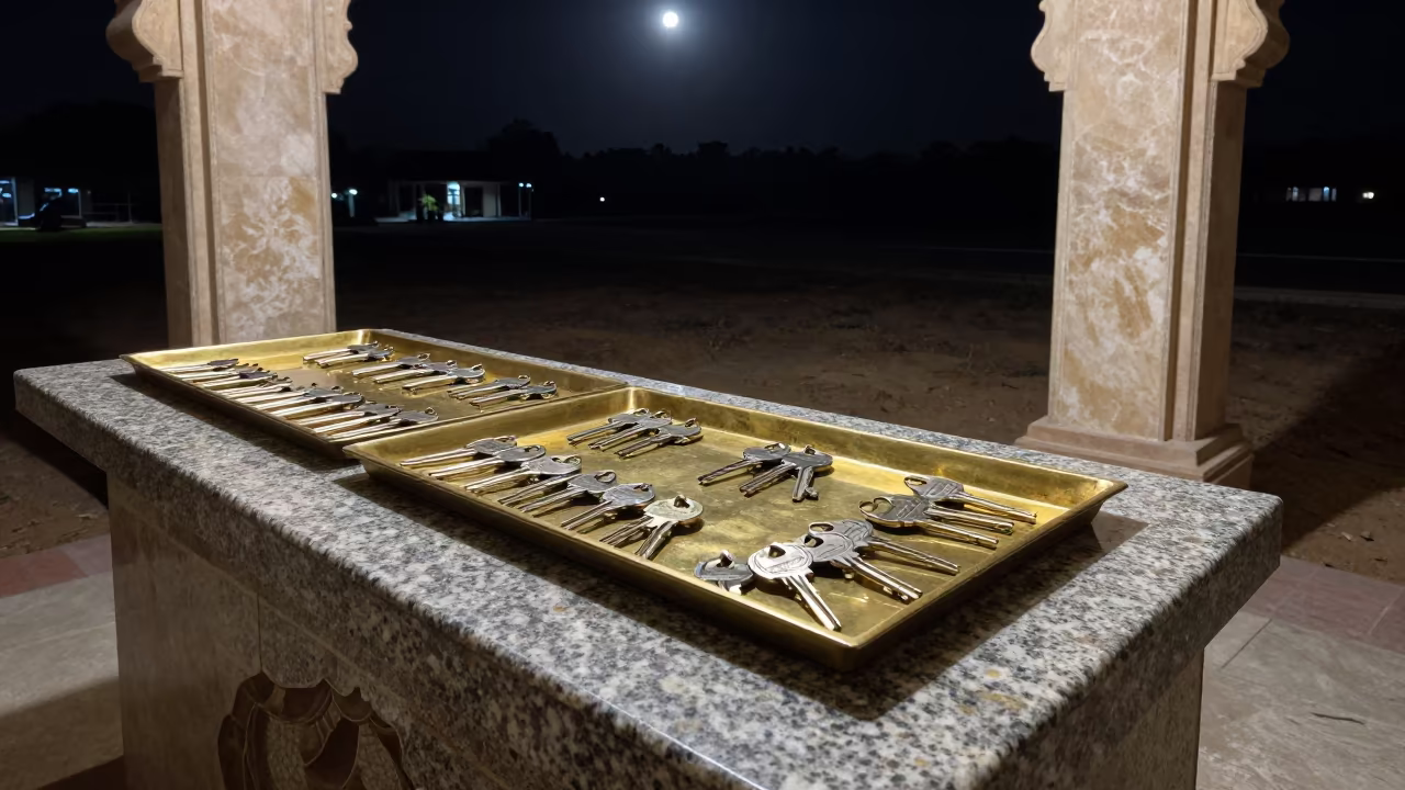 Valet Key Tray Under Night Moonlight Vadodara in at a curbside valet stand outside a hotel entrance in Vadodara