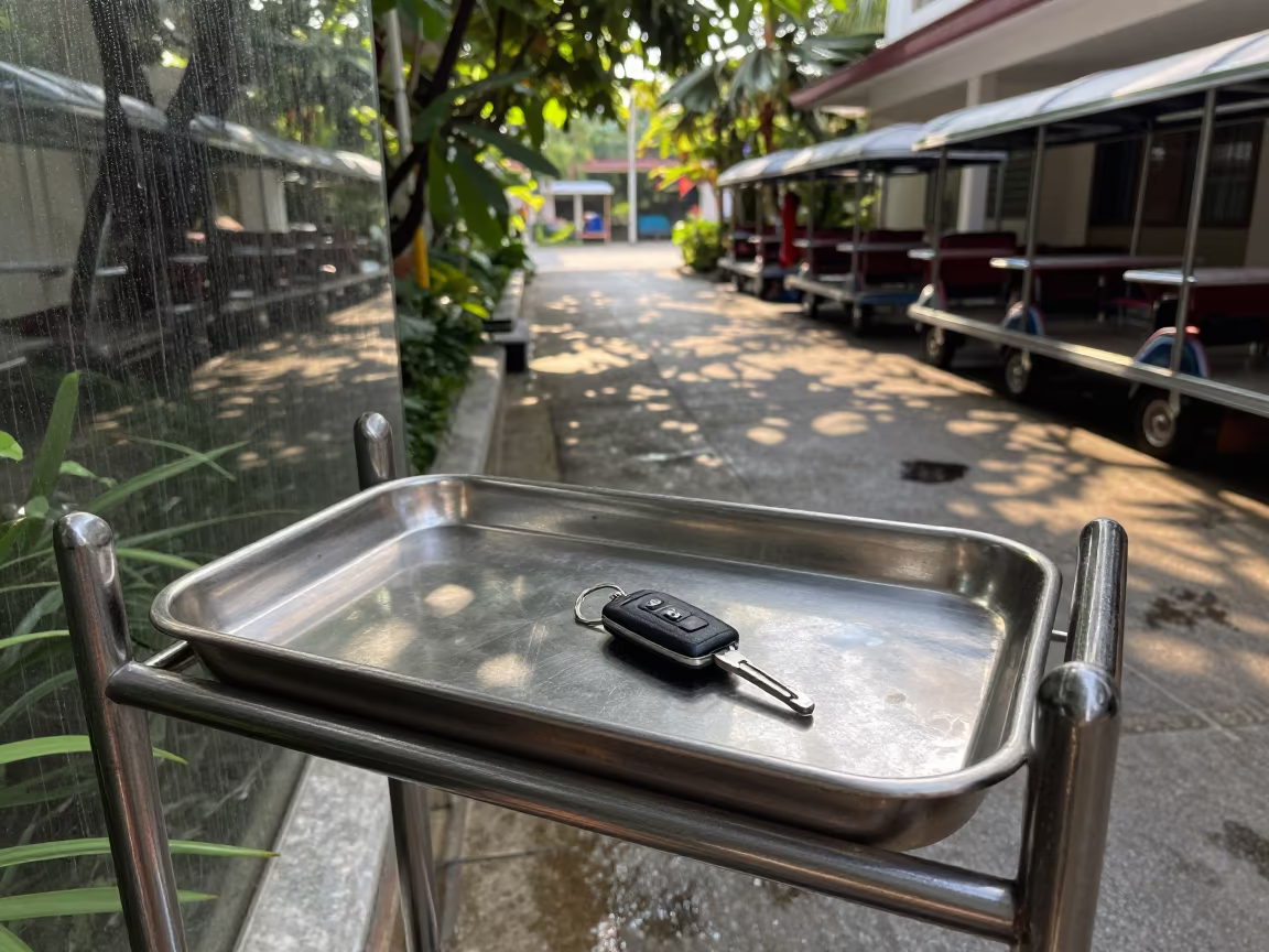 Valet Key Tray on Phnom Penh Drop-Off Lane in along a hotel drop-off lane with polished carts lined up in Tonle Bassac, Phnom Penh