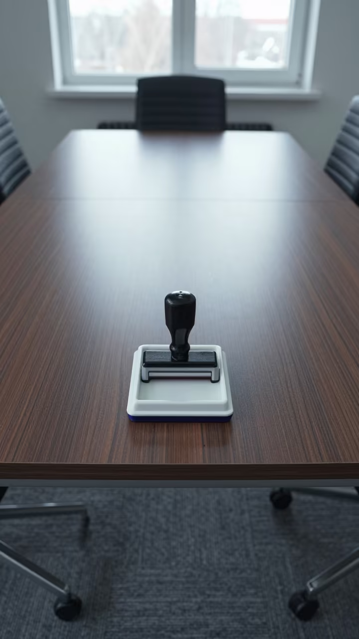Validation Stamp Pad on Fergana Boardroom Table in at a boardroom table before a meeting in Fergana