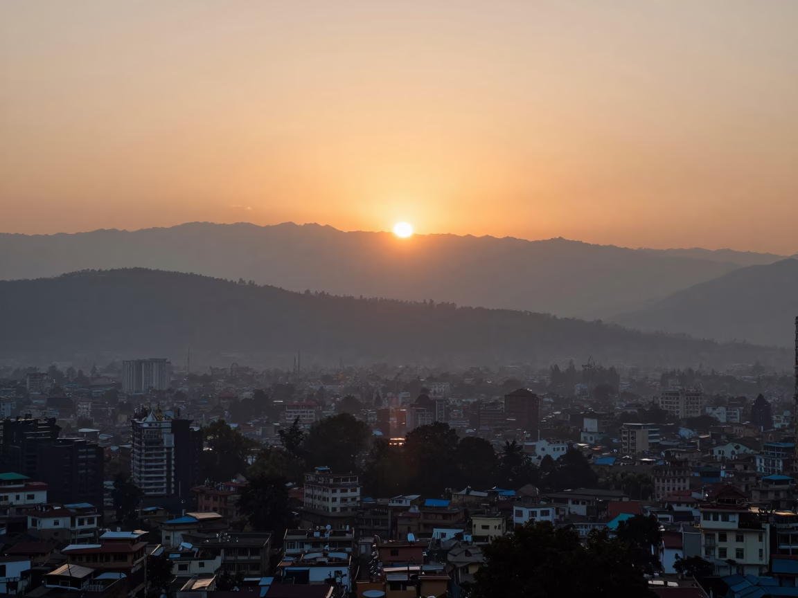 Valley Dusk in Kathmandu at As The Sun Drops Toward The Horizon in in Kathmandu, Nepal