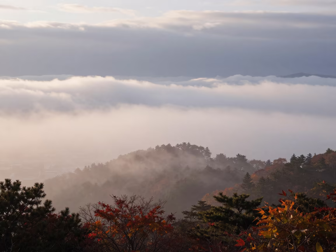 Valley Fog Sea Over Fukuoka at Dawn in over a horizon of stacked thunderheads near Fukuoka