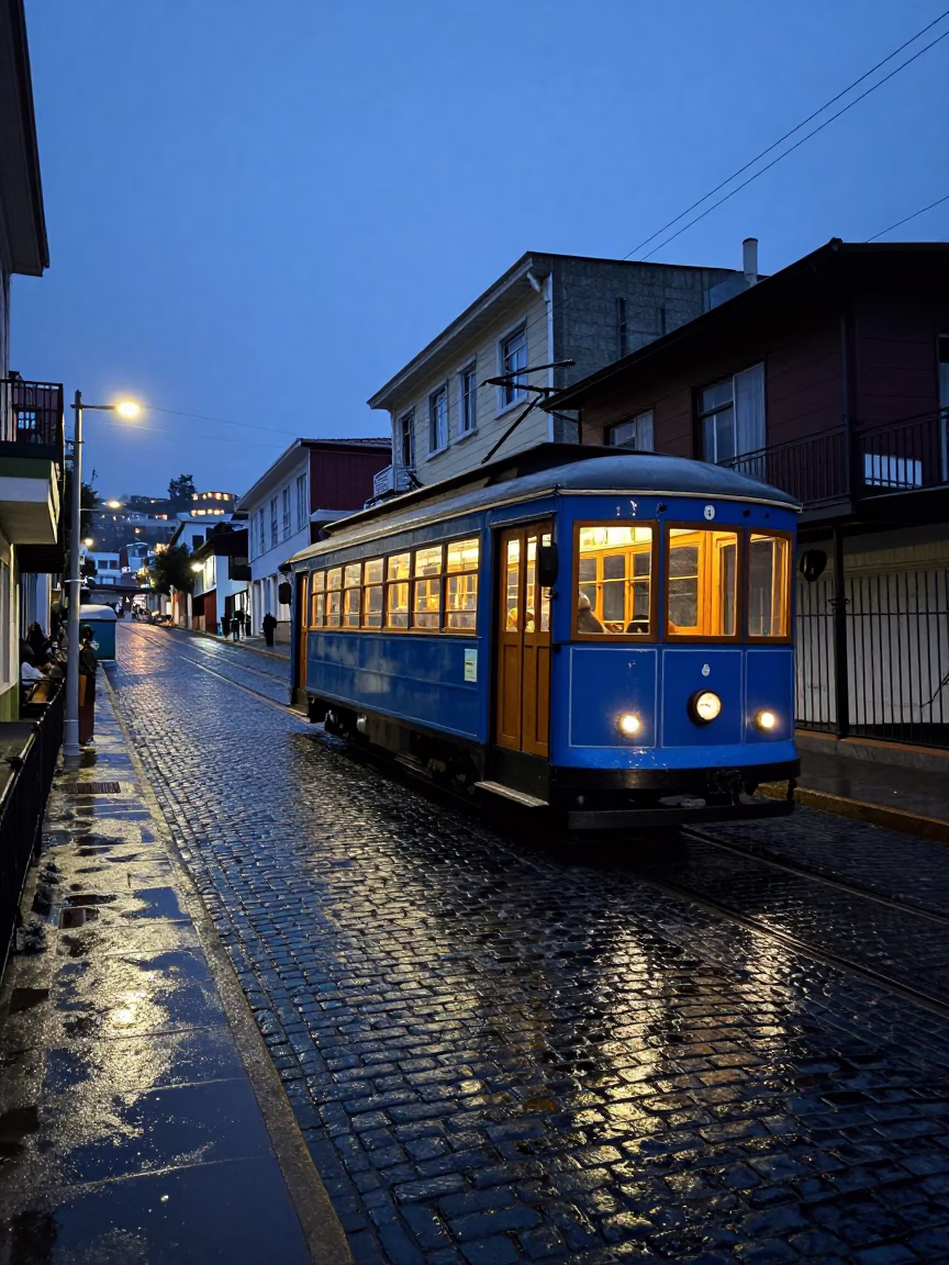 Valparaiso Chile Blue Hour Heritage Tram on Cobblestone Avenue with Wet Footsteps in in Valparaiso, Chile