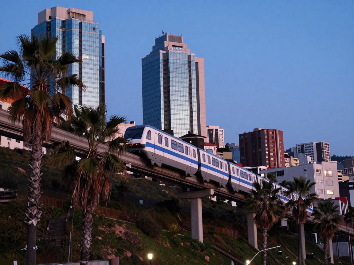 Valparaiso Chile Blue Hour Monorail Gliding Past Palm Trees and Glass Towers in in Valparaiso, Chile