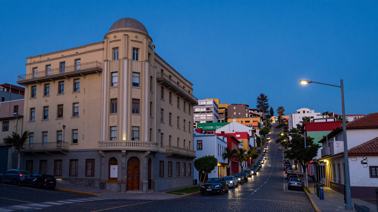 Valparaiso Chile Blue Hour Street Scene with Art Deco Hotel Facade and Cobblestone Activity in in Valparaiso, Chile