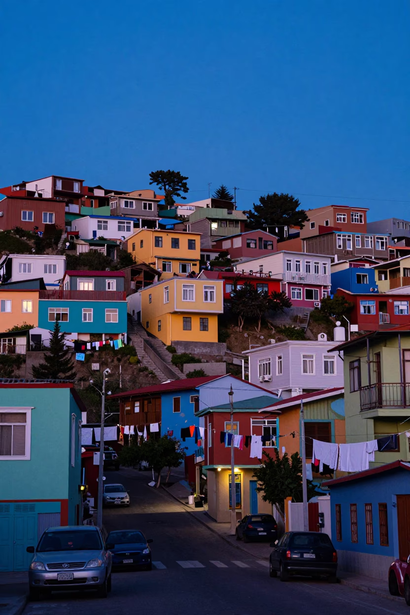 Valparaiso Chile Blue Hour Street Scene with Pulley and Laundry Lines in in Valparaiso, Chile
