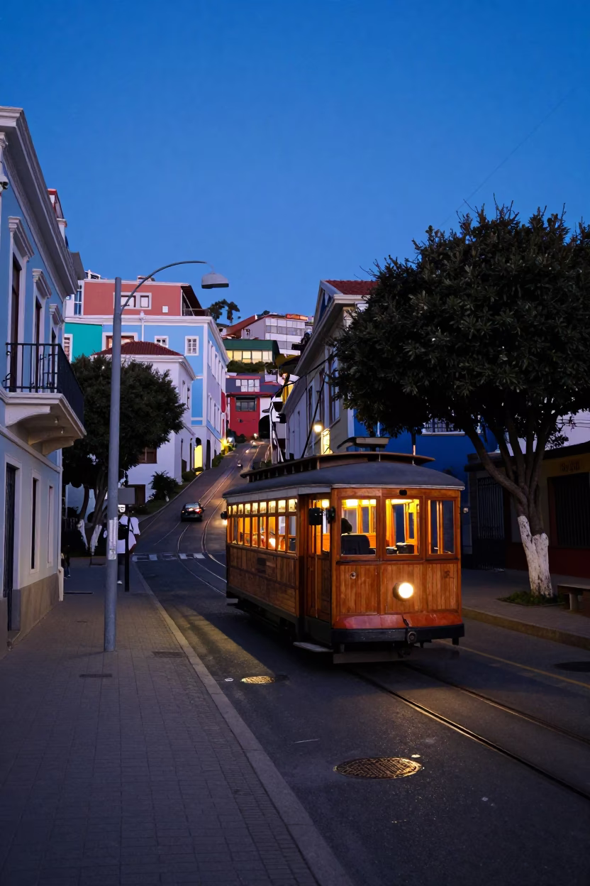 Valparaiso Chile Blue Hour Street Scene with Tramcar and Painted Facades in in Valparaiso, Chile