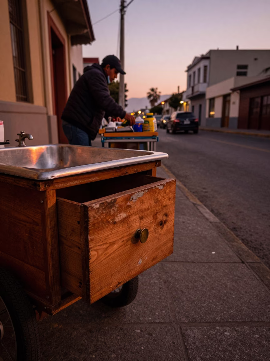 Valparaiso Chile Copper Dusk Street Scene with Brushed Steel Basin and Drawer Pull in in Valparaiso, Chile