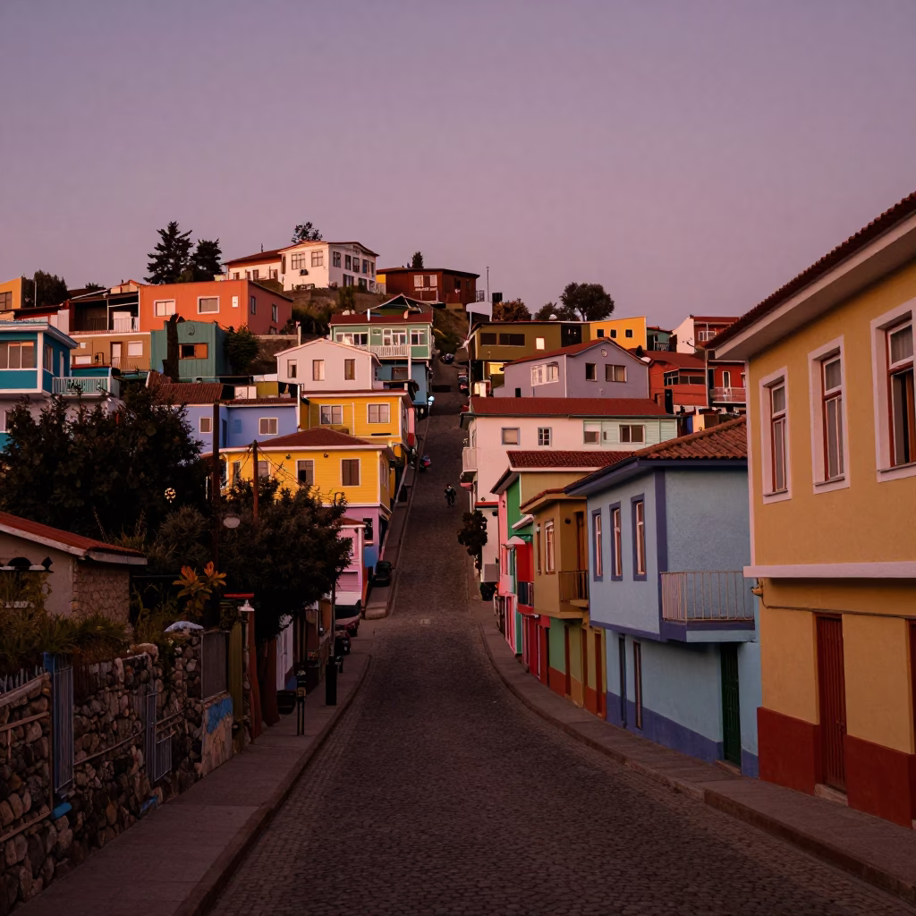 Valparaiso Chile Copper Dusk Street Scene with Colorful Hillside Houses and Local Life in in Valparaiso, Chile