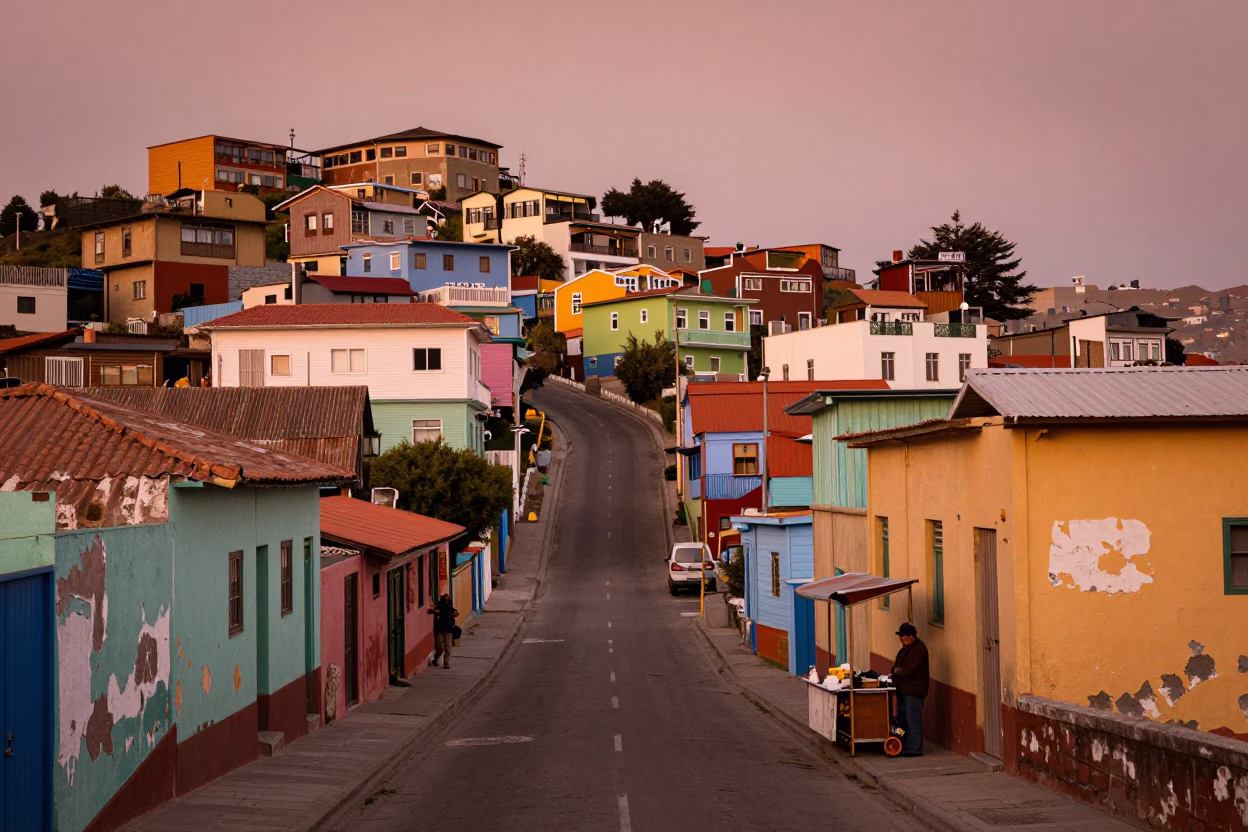 Valparaiso Chile Copper Dusk Street Scene with Colorful Houses and Local Life in in Valparaiso, Chile