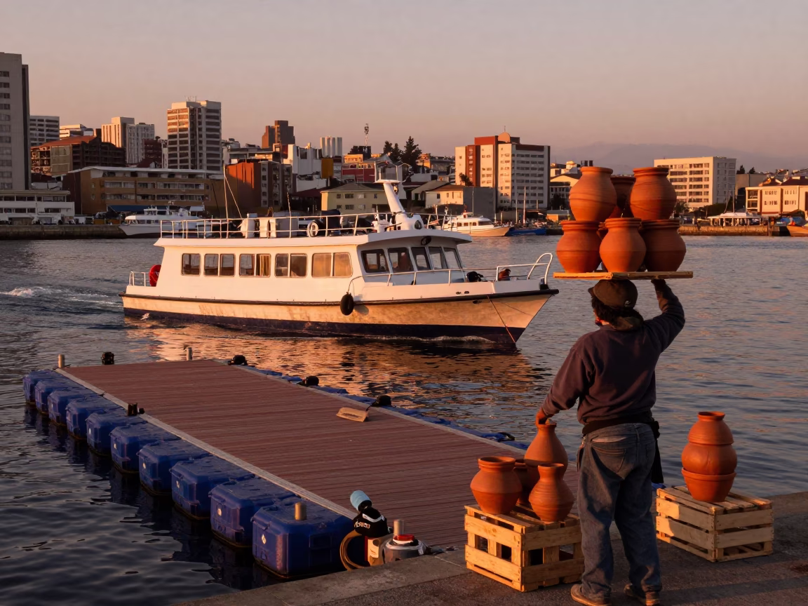 Valparaiso Chile Copper Dusk Water Taxi Floating Dock and Terracotta Pot Street Scene in in Valparaiso, Chile