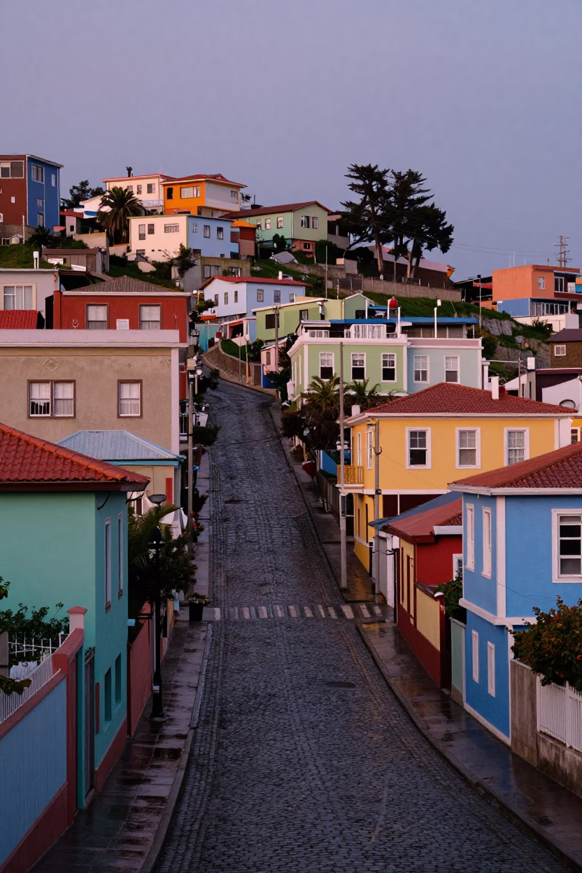 Valparaiso Chile Dawn Street Scene Colorful Hillside Houses and Wet Cobblestone in in Valparaiso, Chile