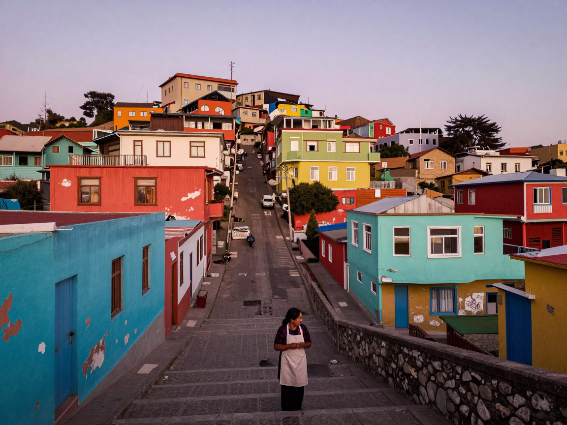 Valparaiso Chile Dawn Street Scene with Colorful Houses and Local Life in in Valparaiso, Chile