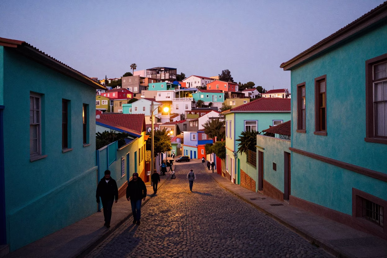 Valparaiso Chile Early Evening Street Scene with Colorful Houses and Local Life in in Valparaiso, Chile