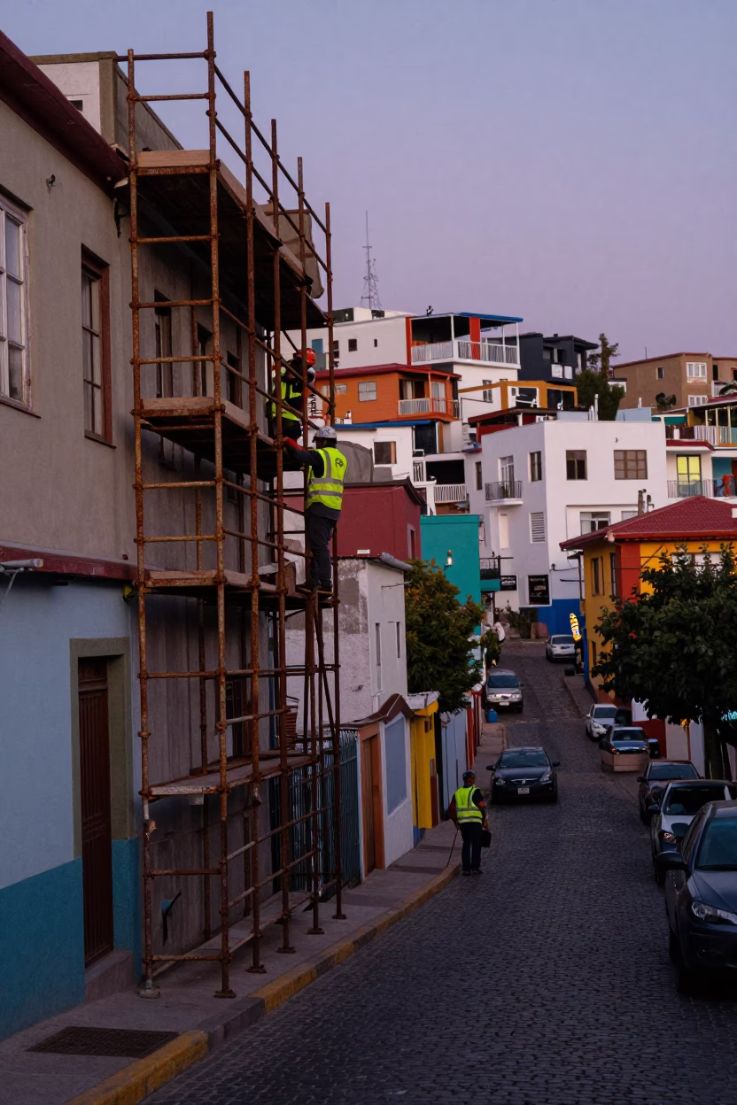 Valparaiso Chile Early Evening Street Scene with Scaffolding Workers and Skateboarder in in Valparaiso, Chile