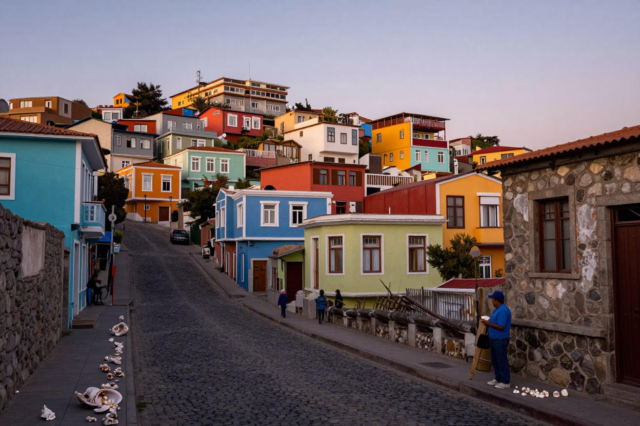 Valparaiso Chile Early Evening Street Scene with Seashells on Colorful Cobblestones in in Valparaiso, Chile