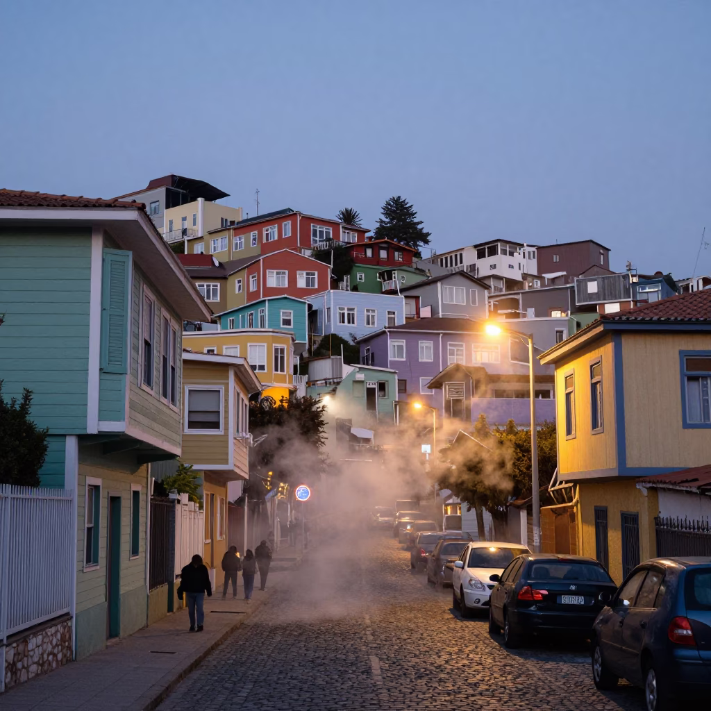 Valparaiso Chile Early Evening Street Scene with Steam Haze and Coastal Atmosphere in in Valparaiso, Chile