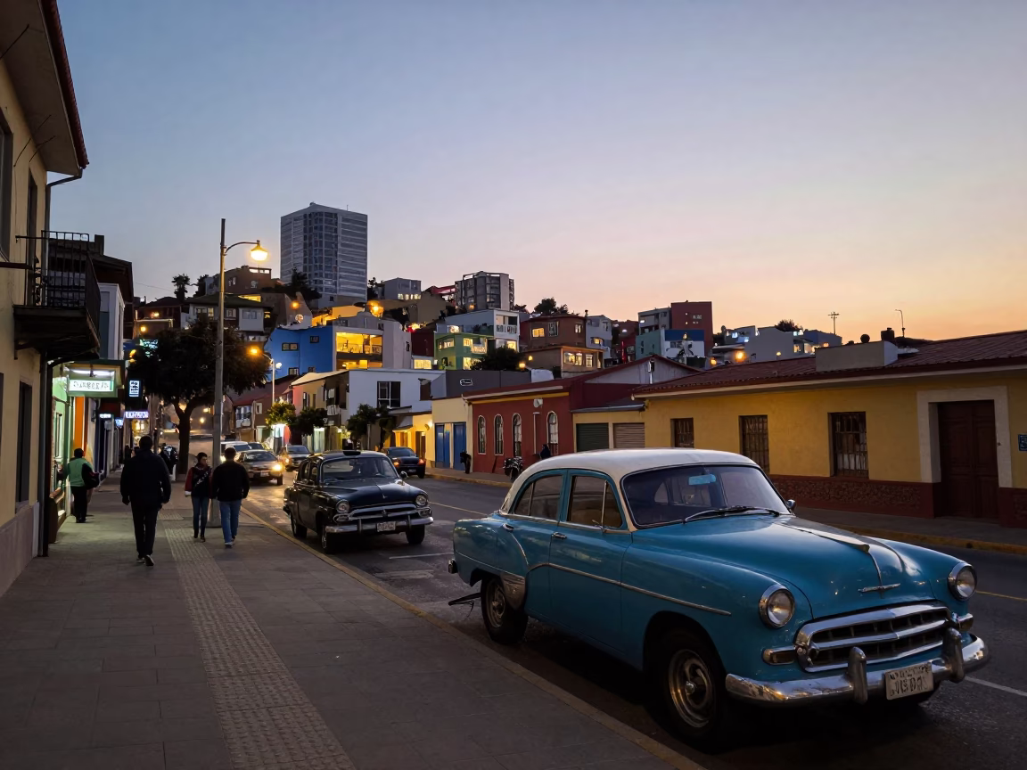 Valparaiso Chile Early Evening Street Scene with Vintage Car and Local Life in in Valparaiso, Chile