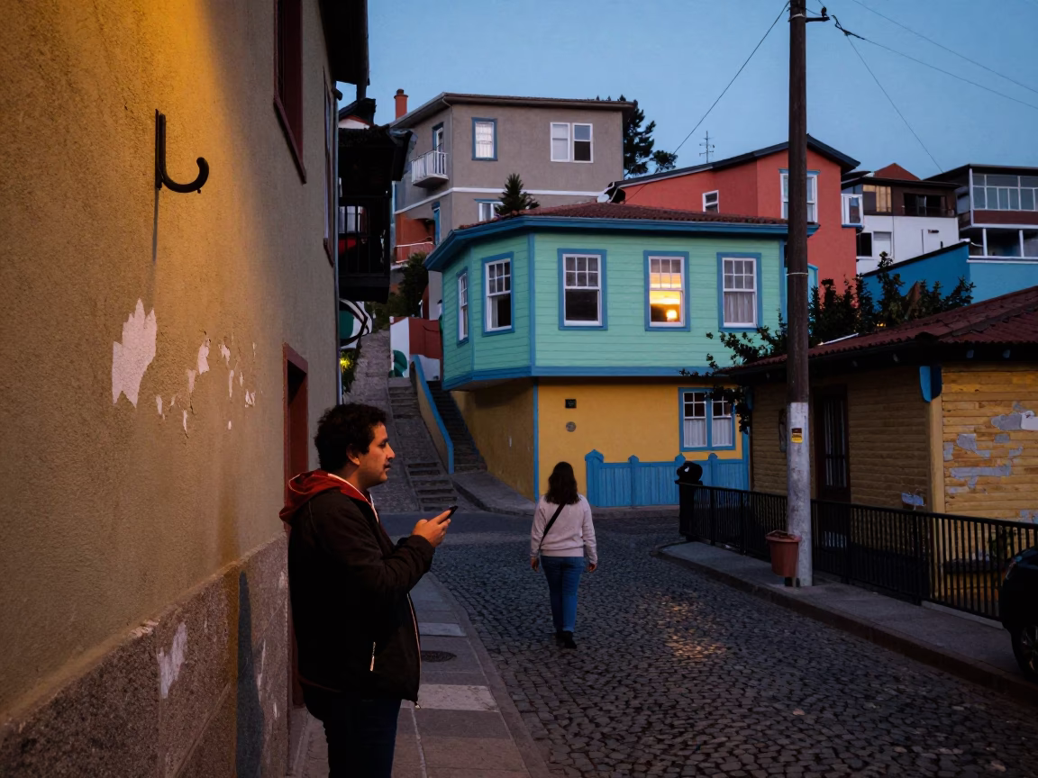 Valparaiso Chile Early Evening Street Scene with Wall Hook and Local Interaction in in Valparaiso, Chile