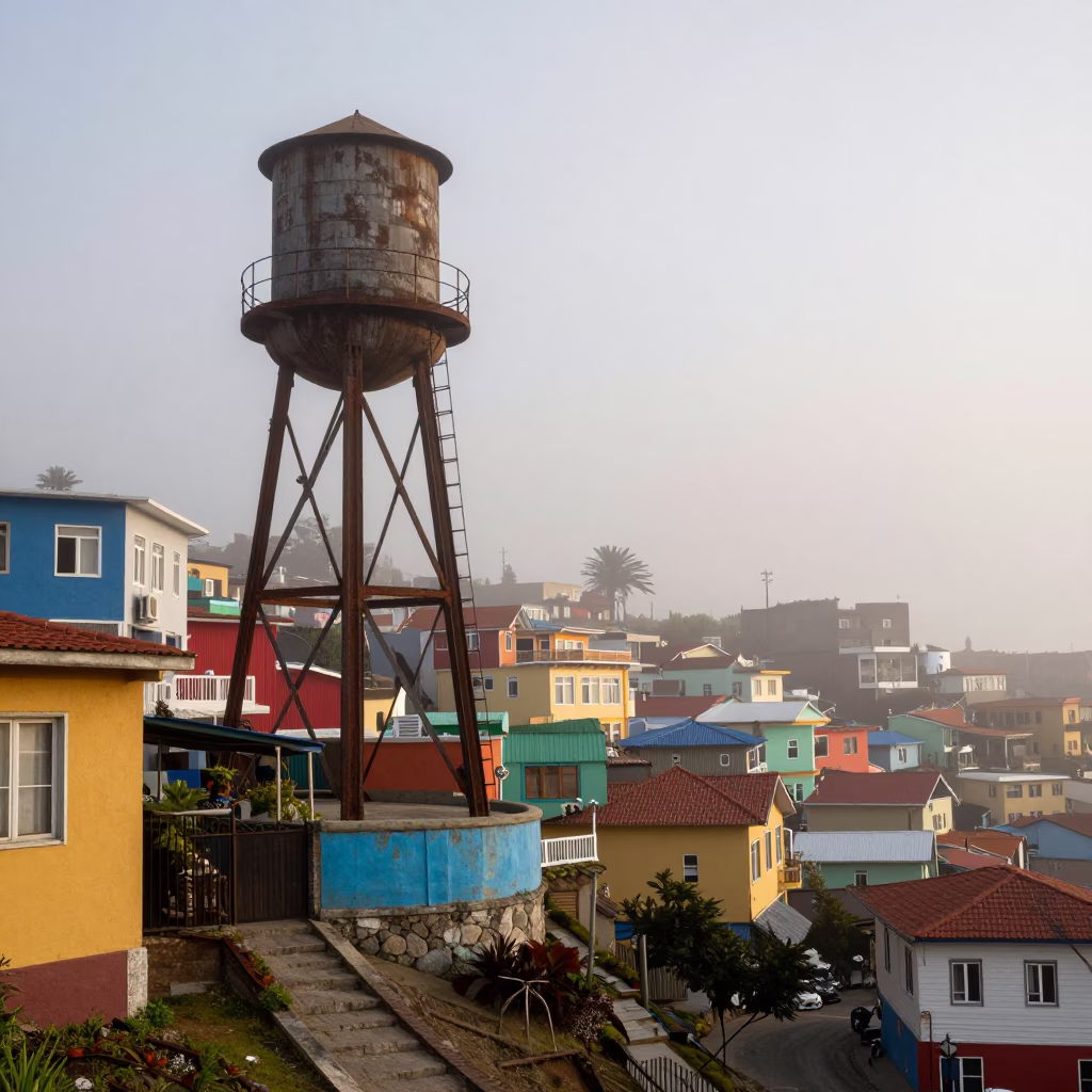 Valparaiso Chile Early Morning Water Tower Ladder Mist and Urban Street Life in in Valparaiso, Chile