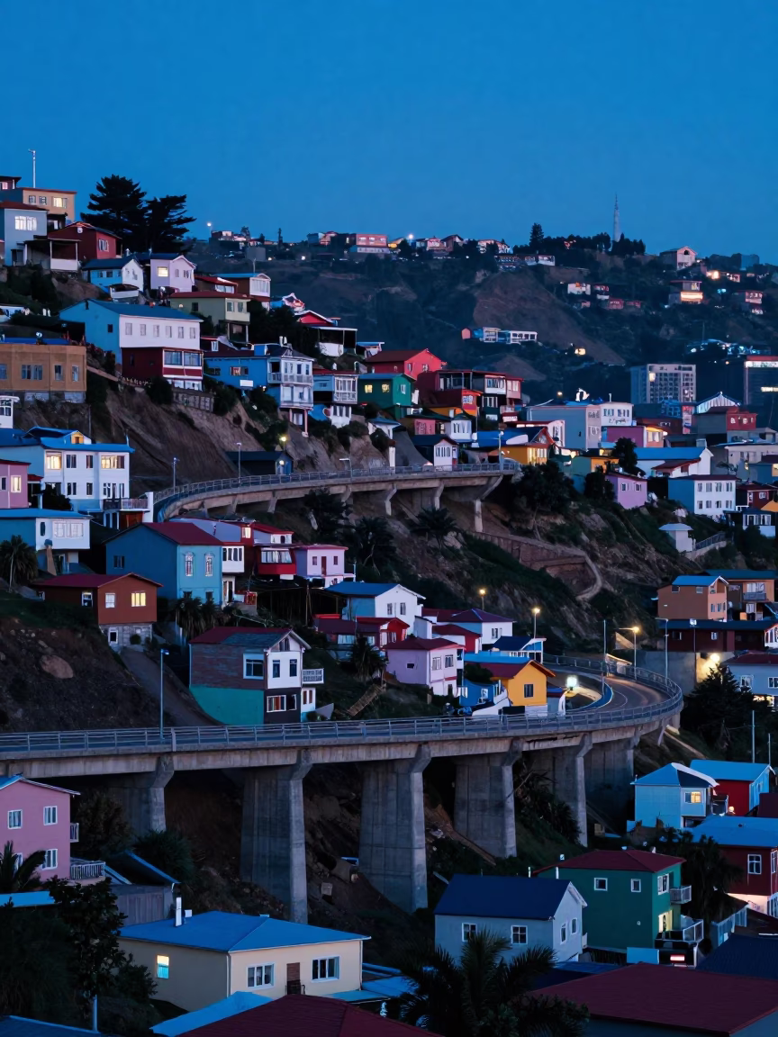 Valparaiso Chile Evening Blue Hour Concrete Viaduct and Colorful Hillside Streets in in Valparaiso, Chile