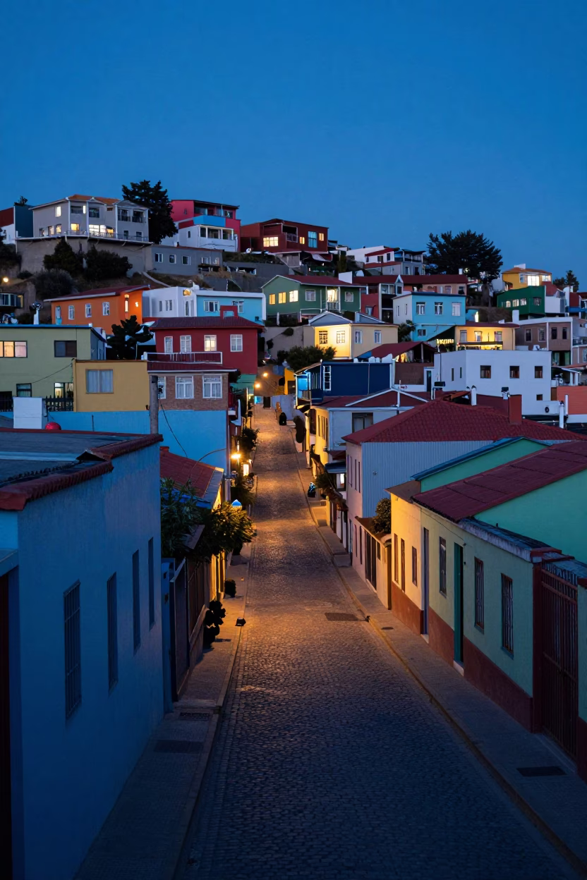 Valparaiso Chile Evening Blue Hour Street Scene with Local Life in in Valparaiso, Chile