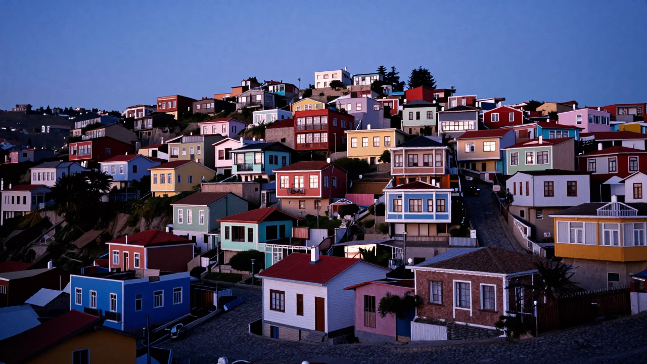 Valparaiso Chile Evening Landscape with Colorful Hillside Houses and Cobblestone Streets in in Valparaiso, Chile