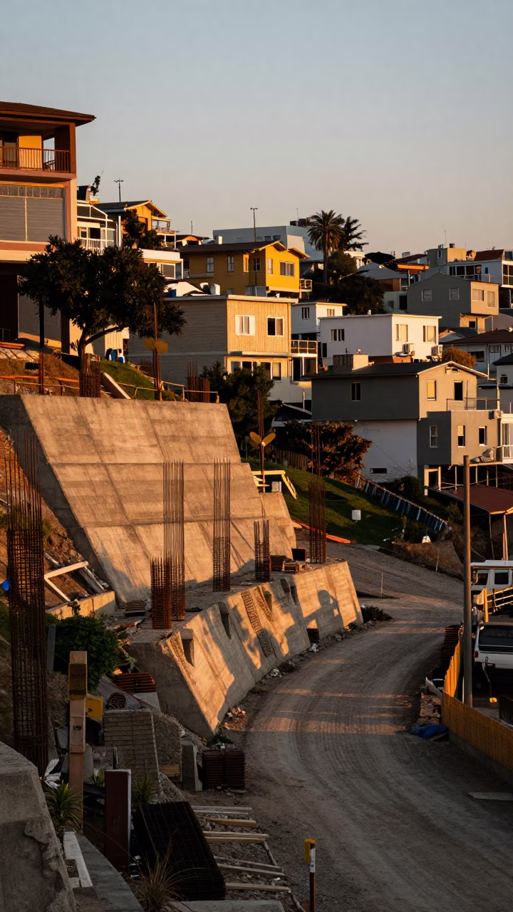 Valparaiso Chile Evening Light Concrete Construction Site Rebar and Garden Tools in in Valparaiso, Chile