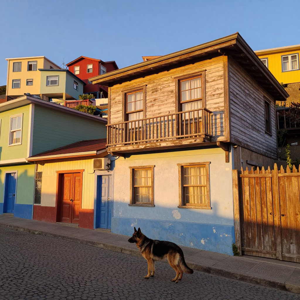 Valparaiso Chile Evening Light Wooden House Facade and Street Scene in in Valparaiso, Chile