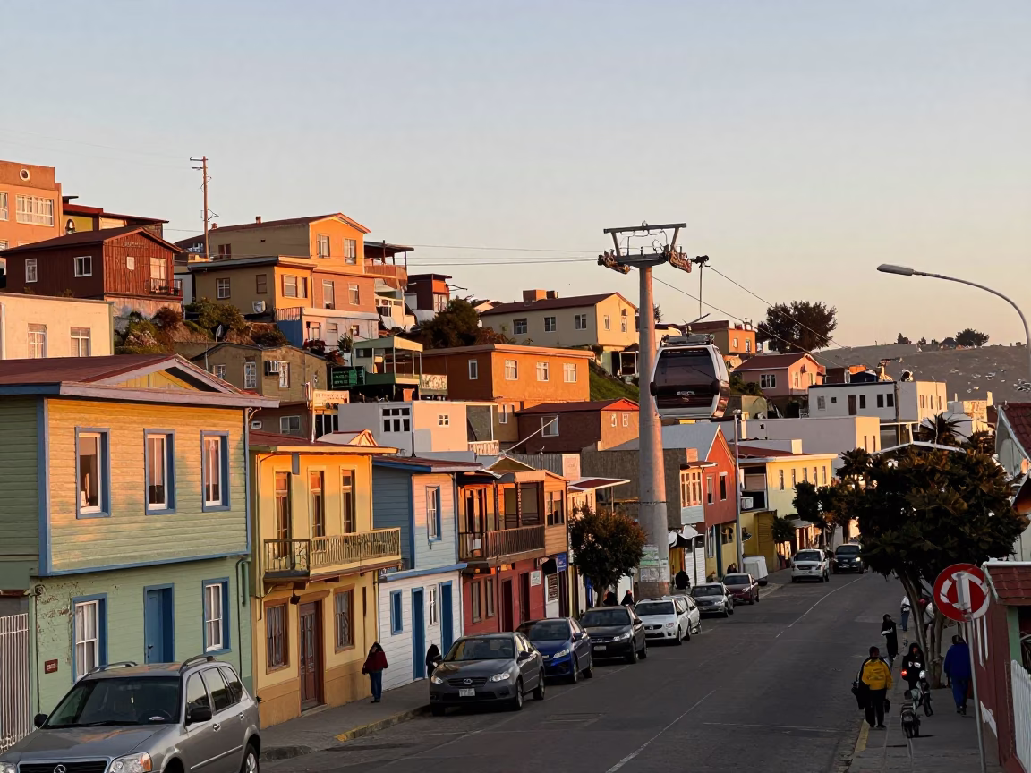 Valparaiso Chile Evening Street Scene with Aerial Tramway Gondola and Colorful Architecture in in Valparaiso, Chile