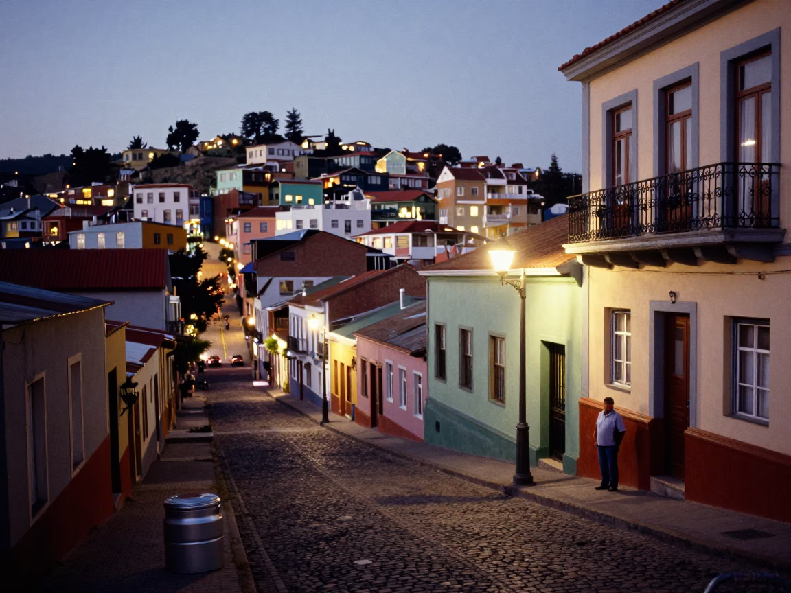 Valparaiso Chile Evening Street Scene with Biscuit Tin and Local Life in in Valparaiso, Chile