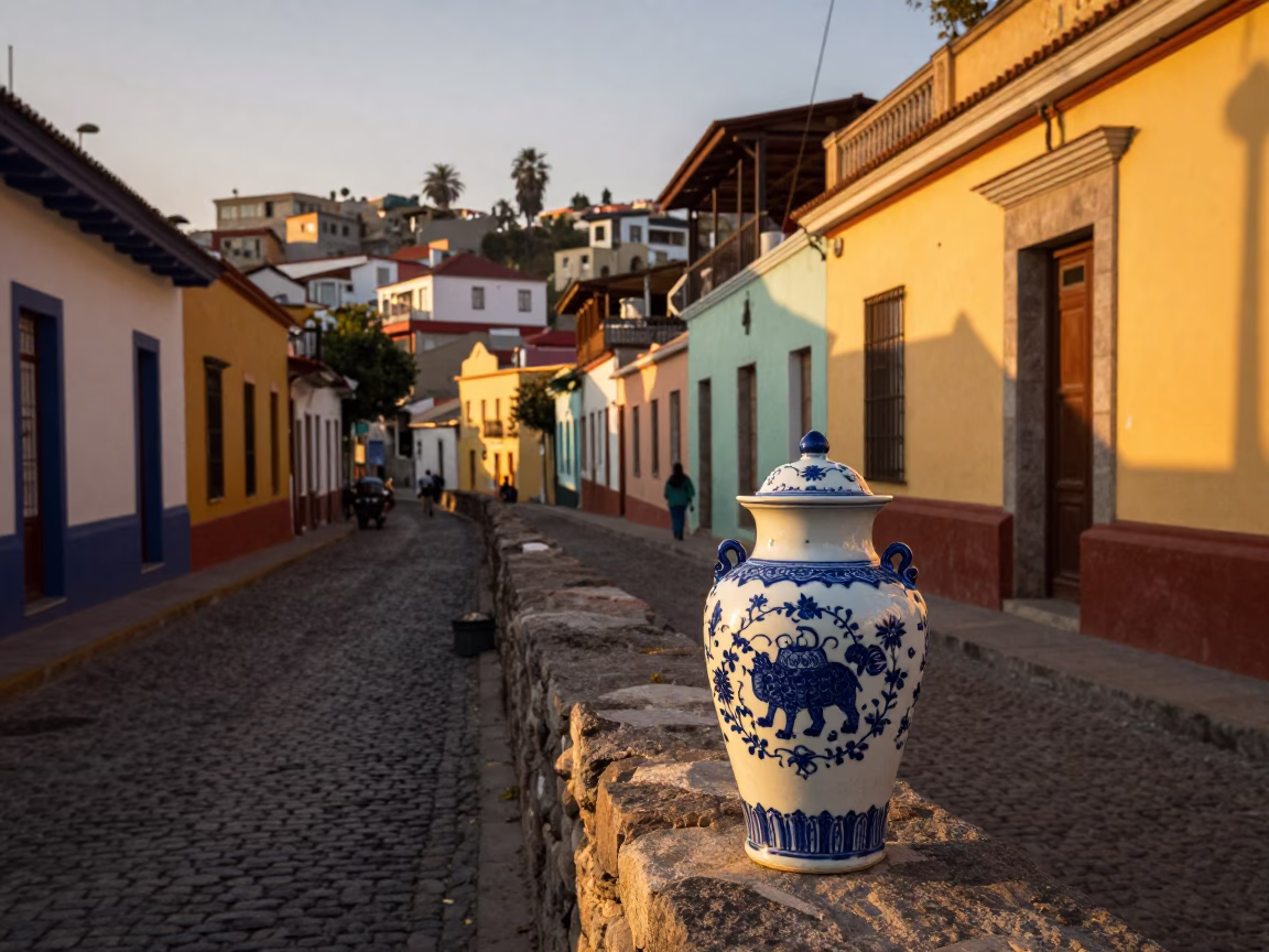 Valparaiso Chile Evening Street Scene with Blue Porcelain Jar and Observatory Dome in in Valparaiso, Chile