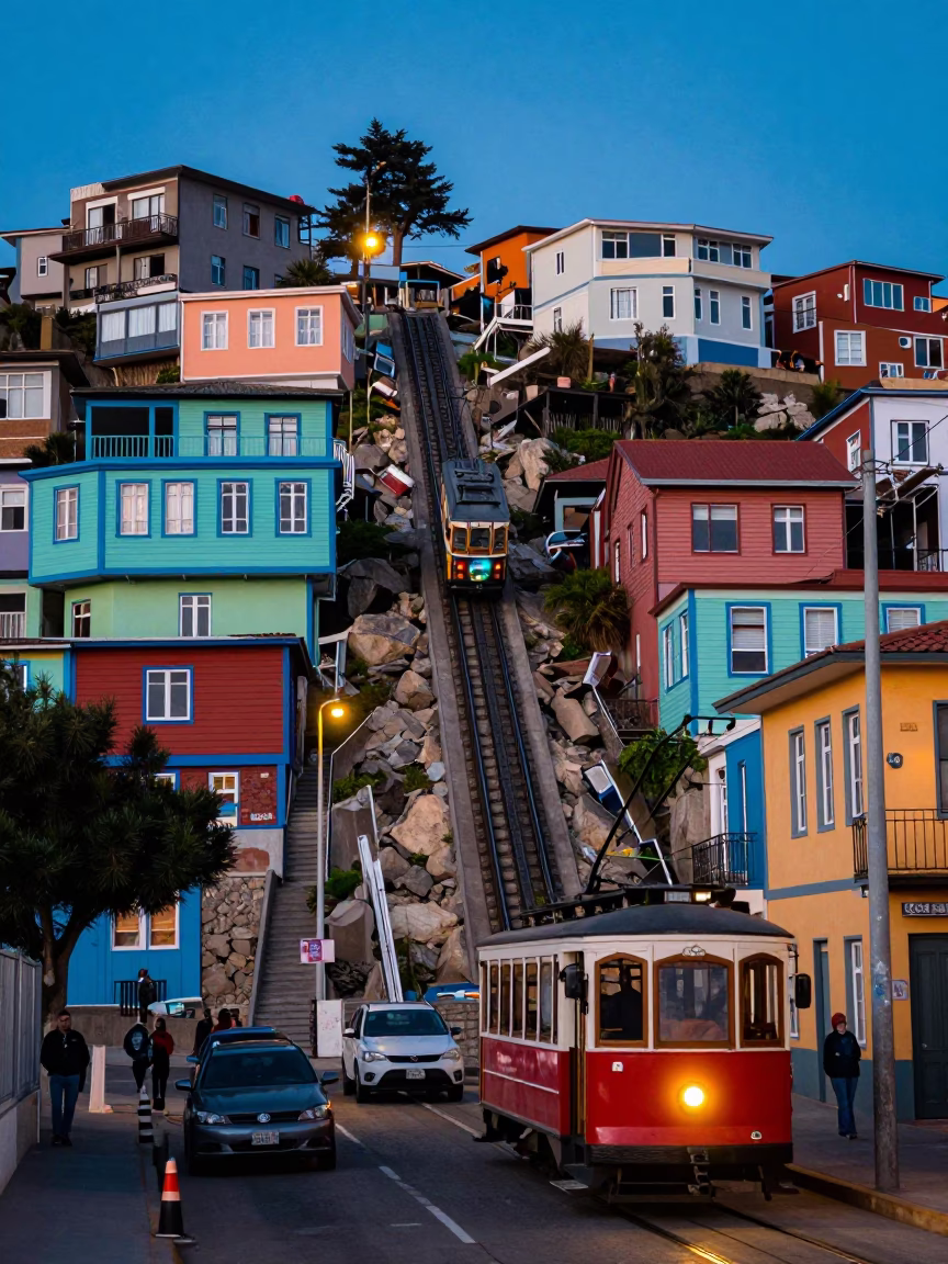 Valparaiso Chile Evening Street Scene with Colorful Buildings and Tram in in Valparaiso, Chile