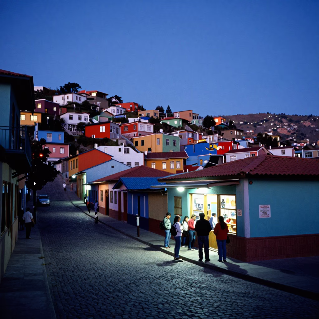 Valparaiso Chile Evening Street Scene with Colorful Hills and Local Life in in Valparaiso, Chile