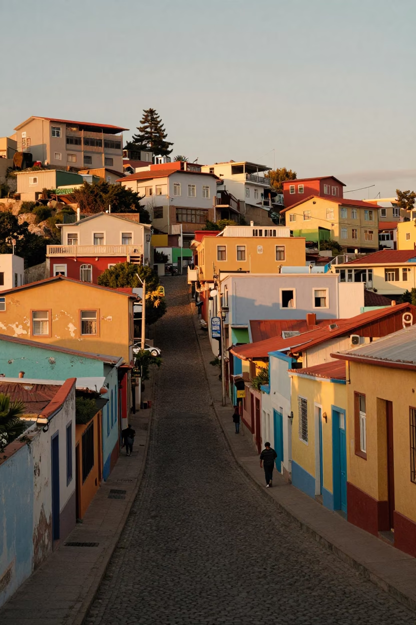 Valparaiso Chile Evening Street Scene with Colorful Hillside Architecture and Local Life in in Valparaiso, Chile