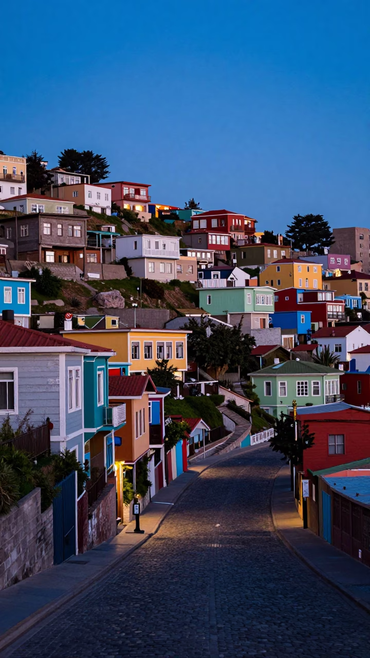 Valparaiso Chile Evening Street Scene with Colorful Hillside Houses and Local Life in in Valparaiso, Chile
