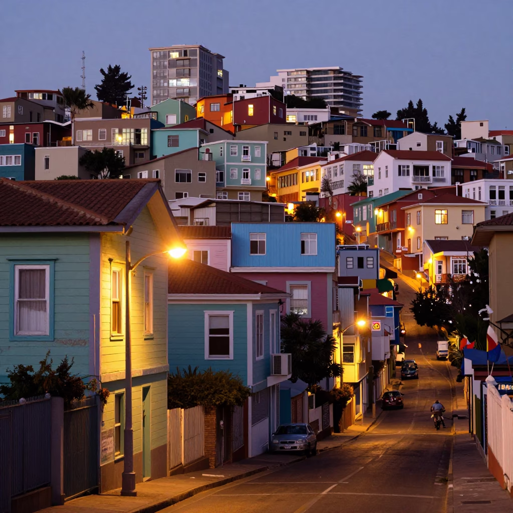 Valparaiso Chile evening street scene with colorful houses and city lights beginning to glow in in Valparaiso, Chile